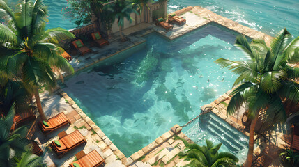 pool and beach. a swimming pool with a palm tree around