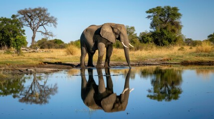 Fototapeta premium Elephant standing in a waterhole, with a reflection visible in the still water