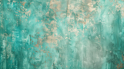 Textured Wall with Tropical Paradise Color Washing Technique. Aged effect. Palette of turquoise, green, and blue with subtle variations. High-resolution. Matching furniture and decor.