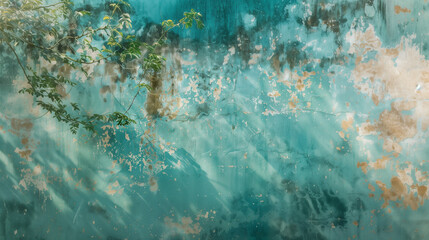 Textured Wall with Tropical Paradise Color Washing Technique. Aged effect. Palette of turquoise, green, and blue with subtle variations. High-resolution. Matching furniture and decor.