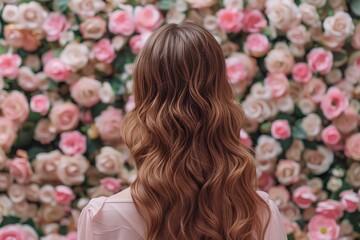 Naklejka premium Woman with wavy hair against floral wall