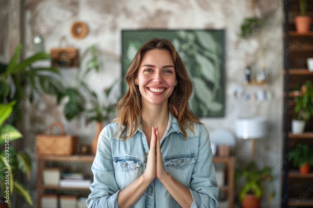 Wall mural Portrait of a happy woman in her 40s joining palms in a gesture of gratitude over modern minimalist interior - Wall murals