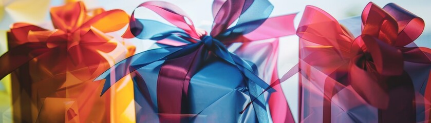 Abstract Gift Boxes with Colorful Ribbons and Light Effect.