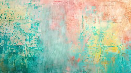 Obraz premium Rustic Textured Wall with Tropical Paradise Color Washing Technique. Aged effect. Palette of turquoise, pink, yellow, green, and blue, with subtle variations in hue and tonality. High-resolution.