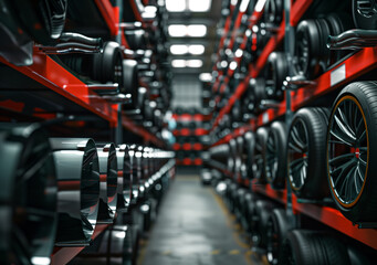 Automotive Performance Warehouse Showcase - High-Performance Exhaust Systems, Sleek Body Kits, Stylish Alloy Wheels Displayed Indoors in HD 4k Quality