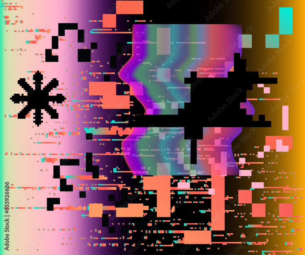 Poster Lo-fi glitched vector background with pixel rainbow ambient flickers.