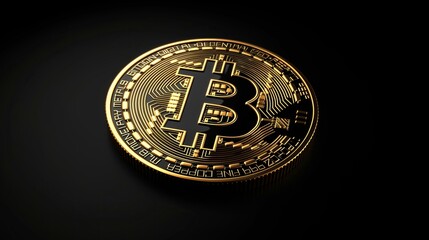 Close-up of a golden Bitcoin on a dark background symbolizing cryptocurrency and digital finance.