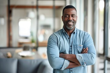 Fototapeta premium Portrait of a satisfied afro-american man in his 40s with arms crossed while standing against modern minimalist interior