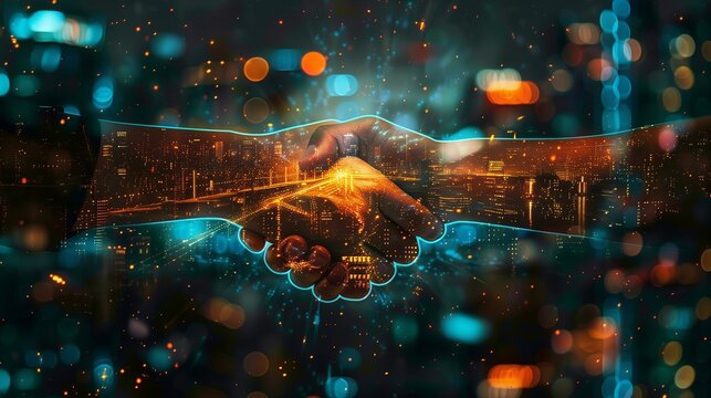 Digital handshake overlaying a cityscape, symbolizing business partnerships and technology integration in modern industries.