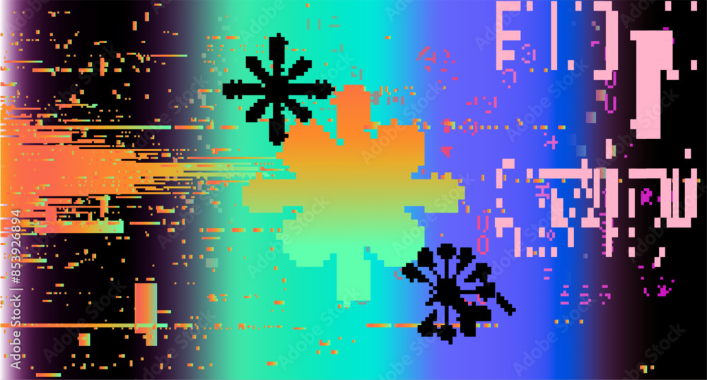 Poster Lo-fi glitched vector background with pixel rainbow ambient flickers.