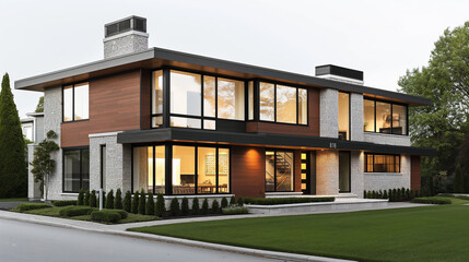 A large house with a lot of windows and a black roof