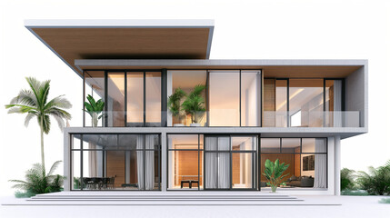 A large, modern house with a white exterior and a palm tree in the background