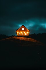 Cozy illuminated cabin on a hilltop against a moody night sky, creating a serene and tranquil ambiance in this captivating landscape photo.