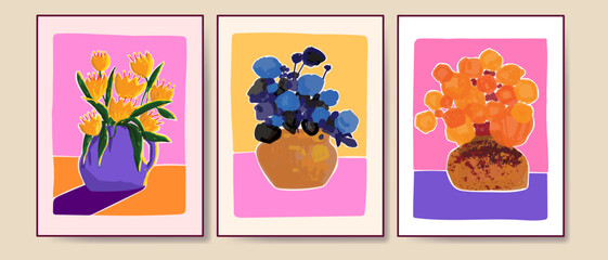 Set of beautiful flowers and plants  on pots, vases line art hand drawn vector illustration. floral and nature. Aesthetic wall art, prints, cards, cover, poster, decoration design.