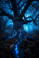Naklejka premium Eerie enchanted tree with glowing roots in a misty forest at night, creating a magical and mysterious atmosphere.