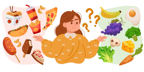 Healthy and unhealthy food. Girl makes choice. Pensive young woman thinking about health and funk snacks. Diet comparison. Thoughtful person choosing products. Vector dilemma concept