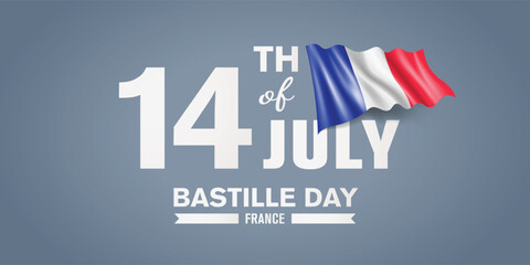 France happy Bastille day greeting card, banner with template text vector illustration. French memorial holiday 14th of July design element with 3D flag with stripes