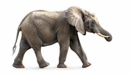 Majestic side view of an elephant lifting its trunk, isolated on white