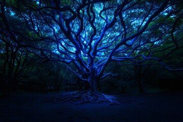 Enchanted tree illuminated with blue lights in a dark forest, creating a mystical and magical atmosphere, perfect for fantasy-themed projects.