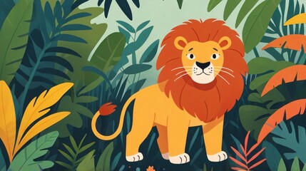 flat cartoon cute lion in the jungle illustration