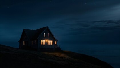 Isolated house on a hill illuminated by warm interior lights under a dark, cloudy night sky, depicting solitude and tranquility.