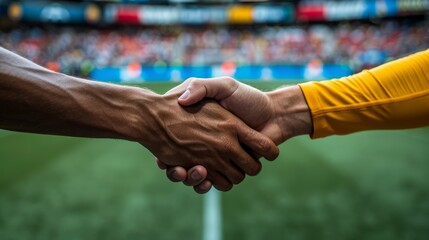 Two athletes shaking hands in a stadium, symbolizing sportsmanship and mutual respect after a game. Blurred crowd in the background.