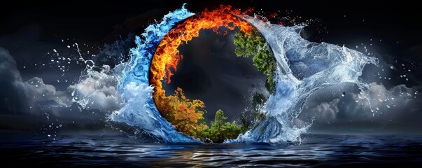 Breathtaking creative design Earth wind fire air water forming a circular shape the four elements dramatic dark background emphasizing elements in the center tilted angle