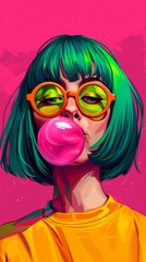 Obraz premium Vibrant artwork of a woman with green hair, wearing orange glasses and blowing a pink bubblegum against a bright pink background.