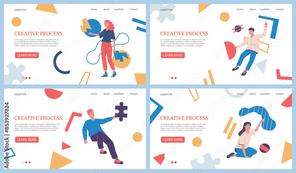 Poster Creative process landing page. Business work brainstorm. Businessman finding innovative idea. Website design template. Abstract shapes. Creativity challenge. Vector backgrounds set