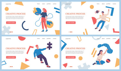 Creative process landing page. Business work brainstorm. Businessman finding innovative idea. Website design template. Abstract shapes. Creativity challenge. Vector backgrounds set