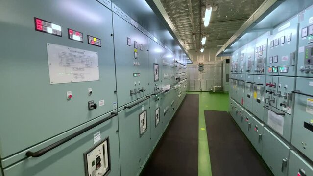 Control panel in main engine room of a extra large cargo ship