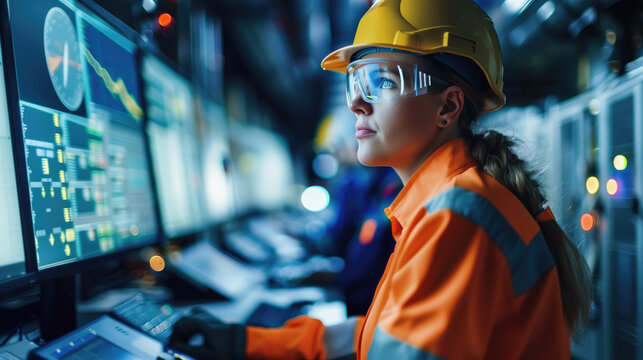 Female industrial engineer wearing hardhat and safety glasses working in factory control room