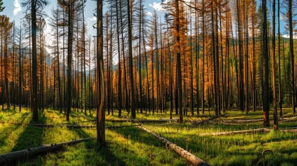 Obraz premium Panoramic shot of a forest under attack by bark beetles, depicting the widespread decline of tree health