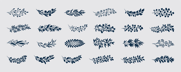 Leaf icons. Plant branch. Eucalyptus black silhouette twigs. Tree sprig and vine flowers for logo. Laurel stems. Botanical pattern. Palm and olive bush. Vector floral flat symbols set © SpicyTruffel