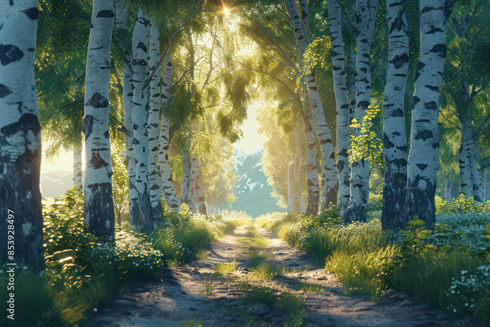 Poster serene forest pathway with sunlight streaming through birch trees at dawn capturing the tranquility 