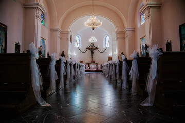 A beautifully adorned church interior, showcasing elegant decorations and a serene ambiance.
