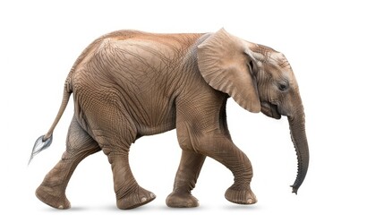 Fototapeta premium Side view of a young elephant walking, isolated on a white background