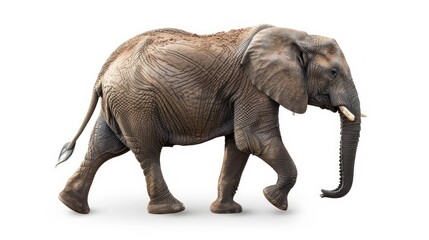 Fototapeta premium Side view of an elephant in mid-step, isolated on a white background
