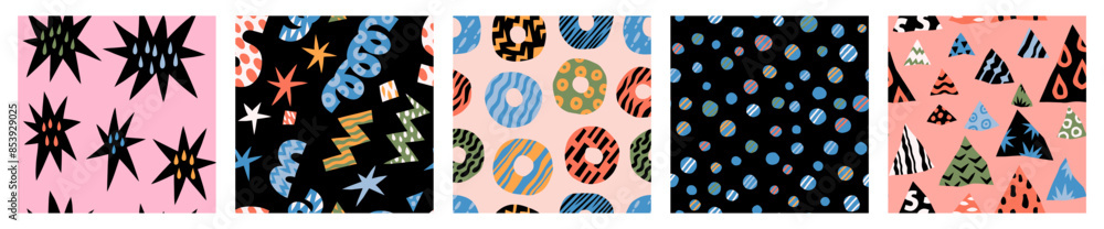 Poster Abstract backgrounds. Cute modern shapes. Geometric collage. Doodle texture. Scribble sketch. Round and triangle flat figures. Geometry flower leaves. Vector art seamless patterns set
