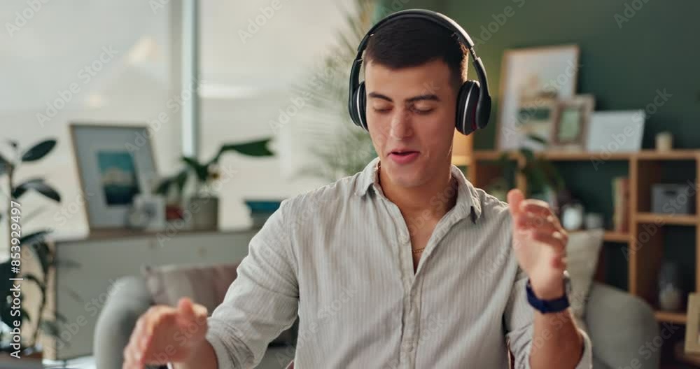 Wall mural Man, dance and headphones with sound in office for radio, entertainment and listening to music. Technology, happy and creative designer with energy at desk for podcast, audio and streaming service