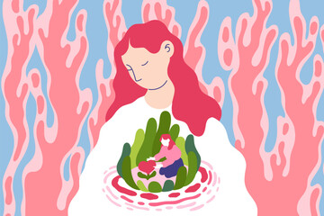 Self love. Mental health life. Kind of abstract plants. Woman growing flowers in heart. Mind recovery. Person developing soul garden. Inner world mindfulness. Vector psychology concept