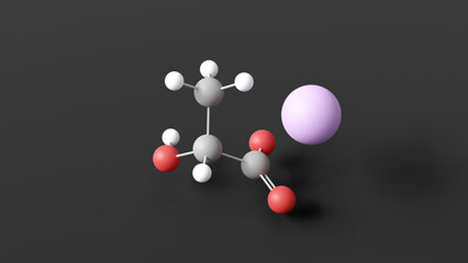 sodium lactate molecule 3d, molecular structure, ball and stick model, structural chemical formula food additive e325