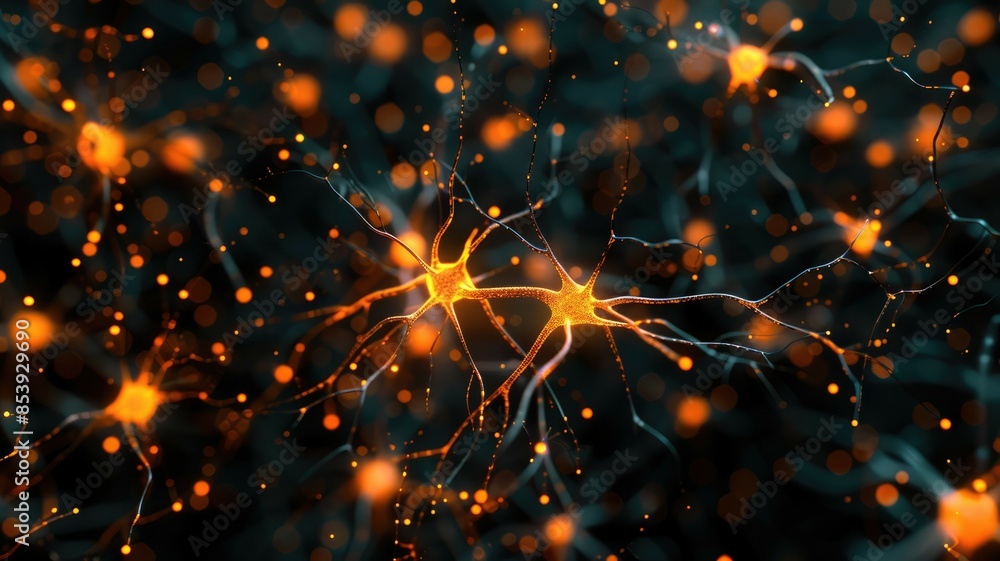 Poster abstract depiction of a neural network featuring interconnected glowing nodes and intricate connecti