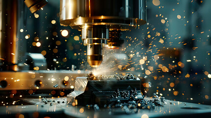 Photorealistic image of a CNC milling machine in a metalworking process detailed view of the milling operation bright sparks and metal shavings  