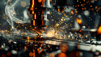 Photorealistic image of a CNC milling machine in a metalworking process detailed view of the milling operation bright sparks and metal shavings  
