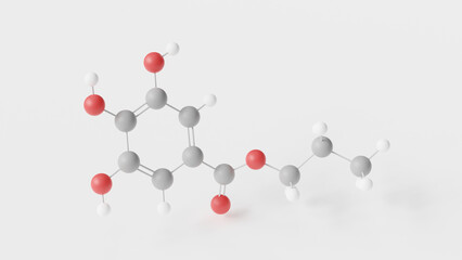 propyl gallate molecule 3d, molecular structure, ball and stick model, structural chemical formula food additive e310