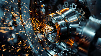 Photorealistic image of a milling cutter at work inmetalworking detailed view of the cutting process bright sparks sharp and lighting modern machinery