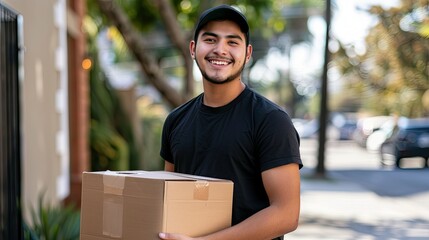 Young Hispanic delivery man standing with boxes, smiling confidently in a residential area