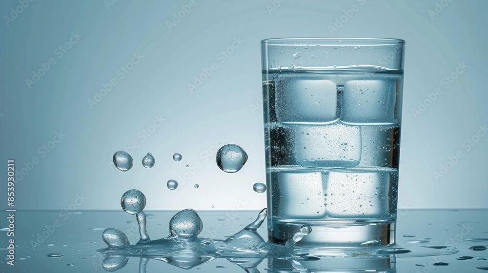 Poster a refreshing image of a glass of water with ice cubes and dynamic splashes around it