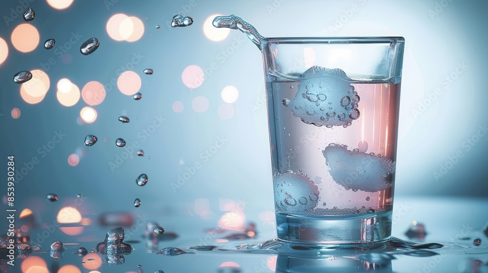 Aufkleber an effervescent tablet creates bubbles and splash in a clear glass with a shimmering bokeh light bac